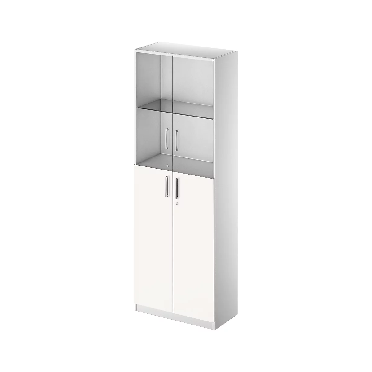 White office cabinet with glass and wooden doors.