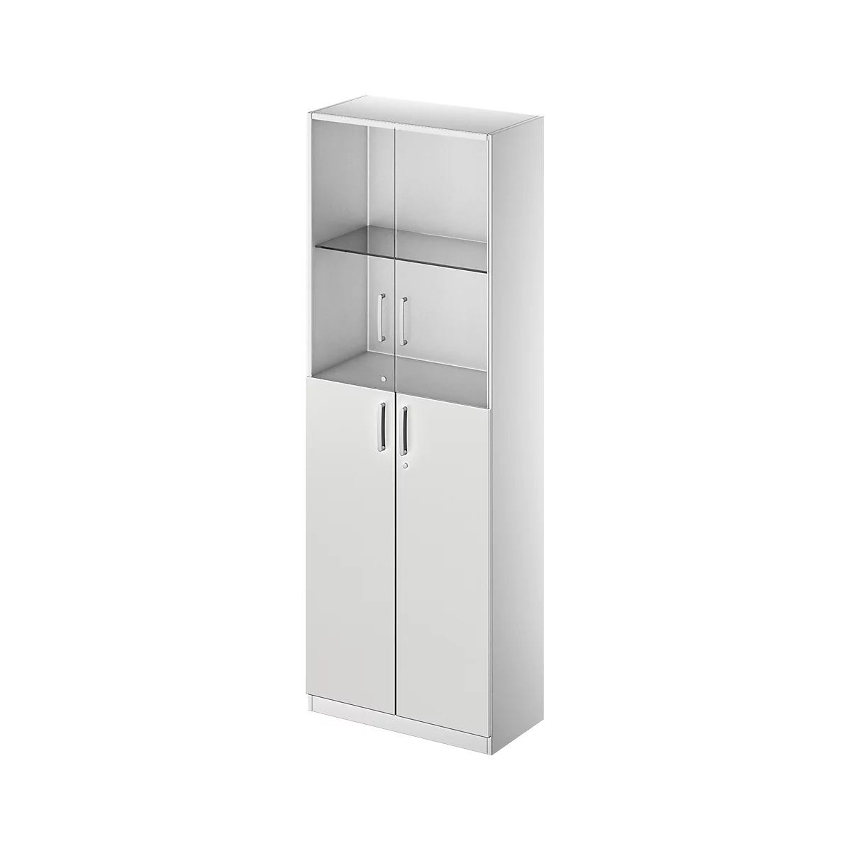 White cabinet with glass display case on top and doors below.