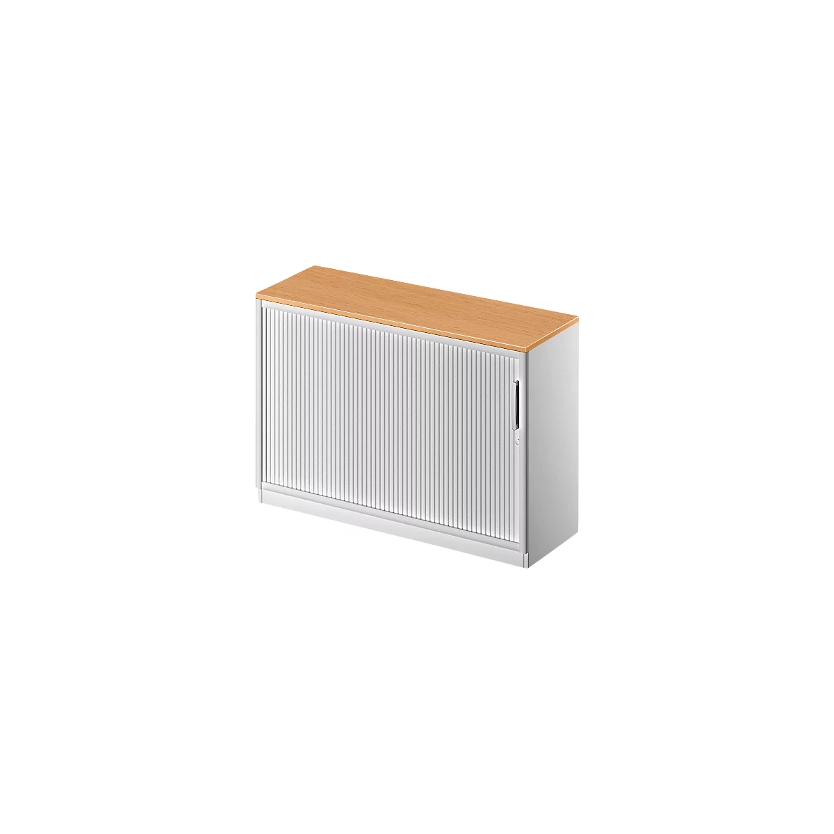 White cabinet with wooden top and slatted door.