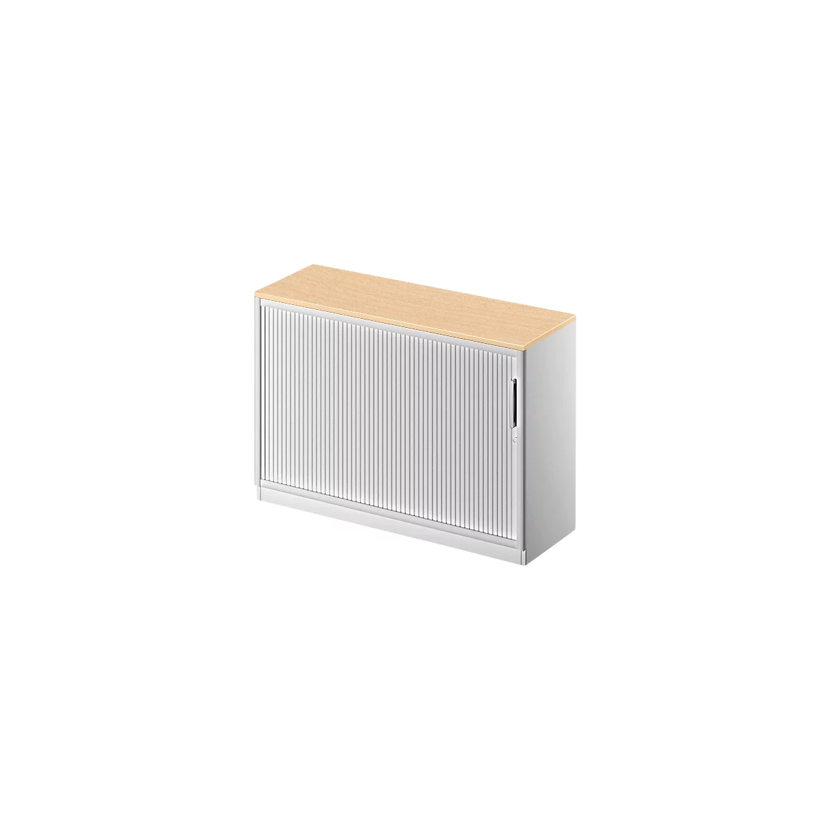 Grey office cabinet with wooden top. Vertical, ribbed structure of the door. Rectangular shape with handle.