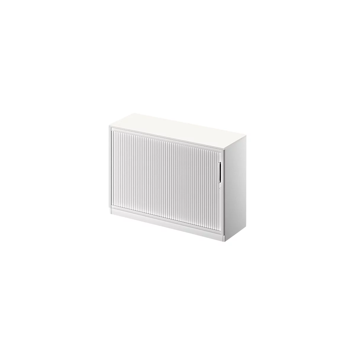White roller shutter cabinet with vertical grooves. A narrow handle is visible on the right side.