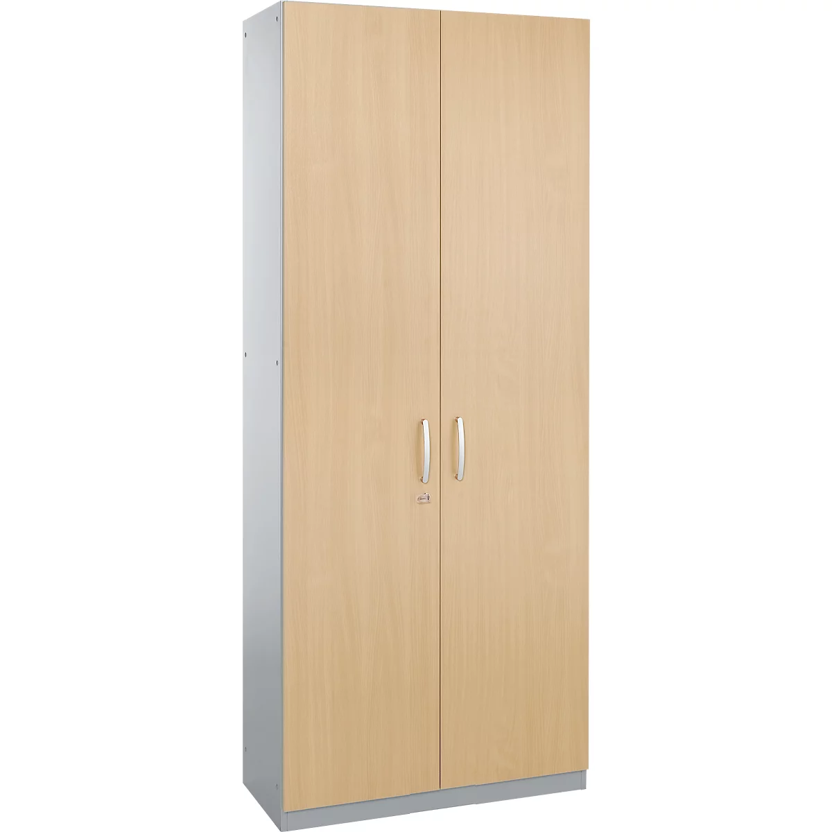 Light brown cabinet with two doors and silver handles.