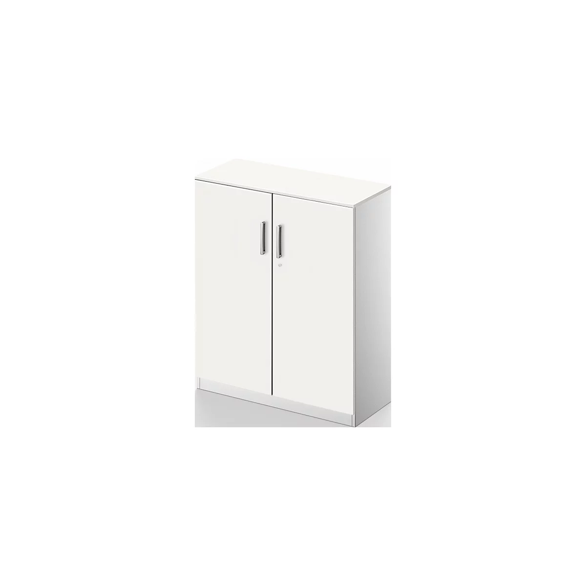 White cabinet with two doors and silver handles. The door is slightly closed.