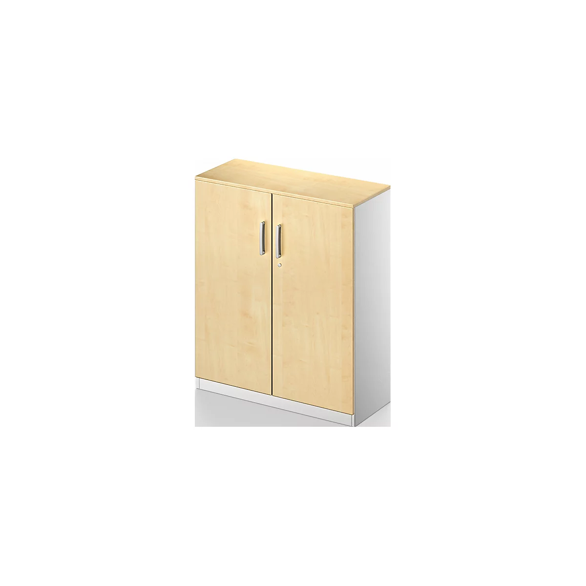 Cabinet with two doors and silver handles, light wood, and white side panel.