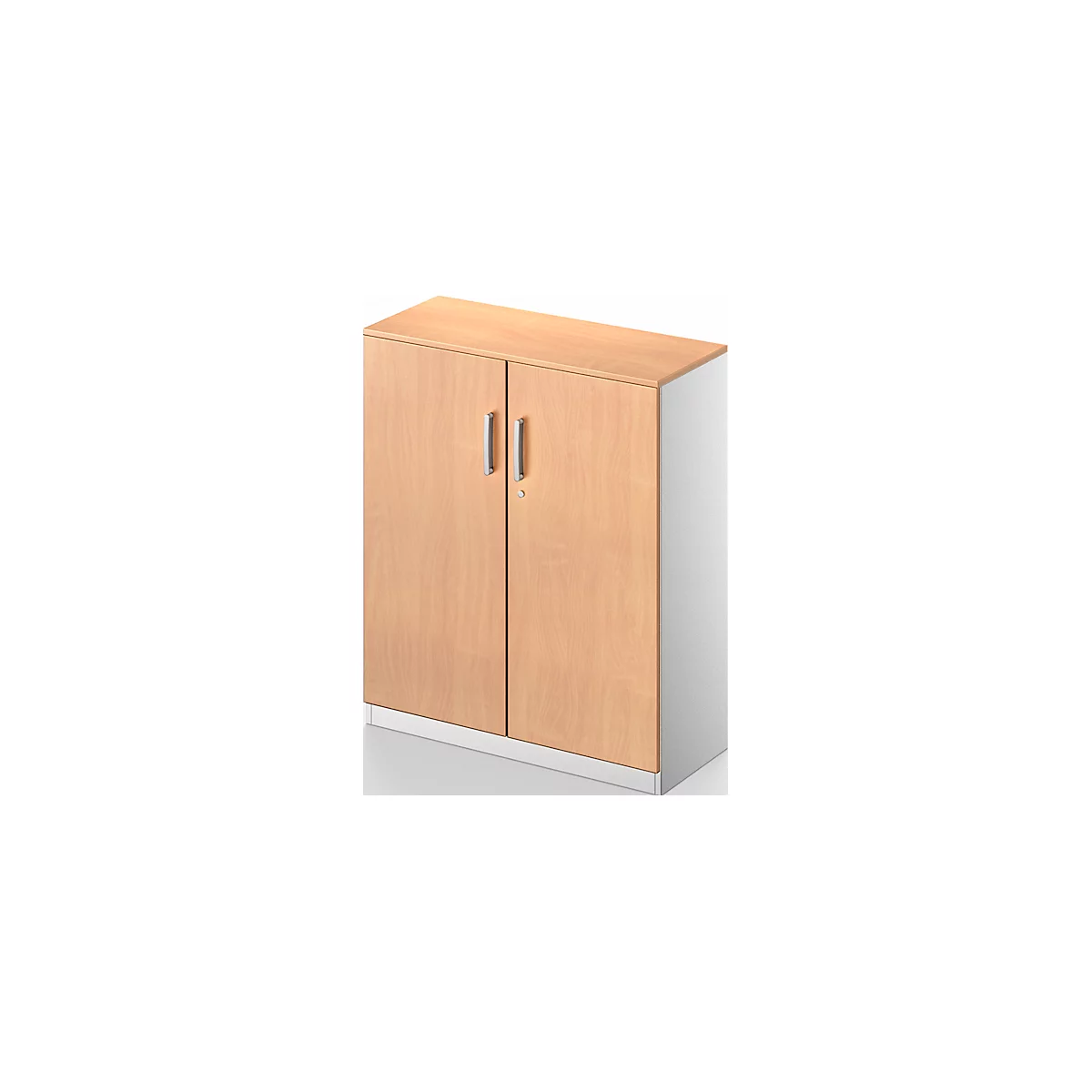 Light brown cabinet with two doors, silver handles and lock.