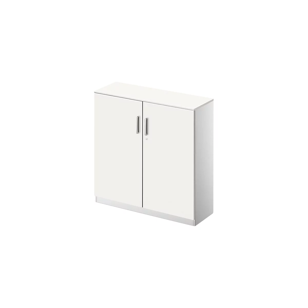 White cabinet with two doors and silver handles.