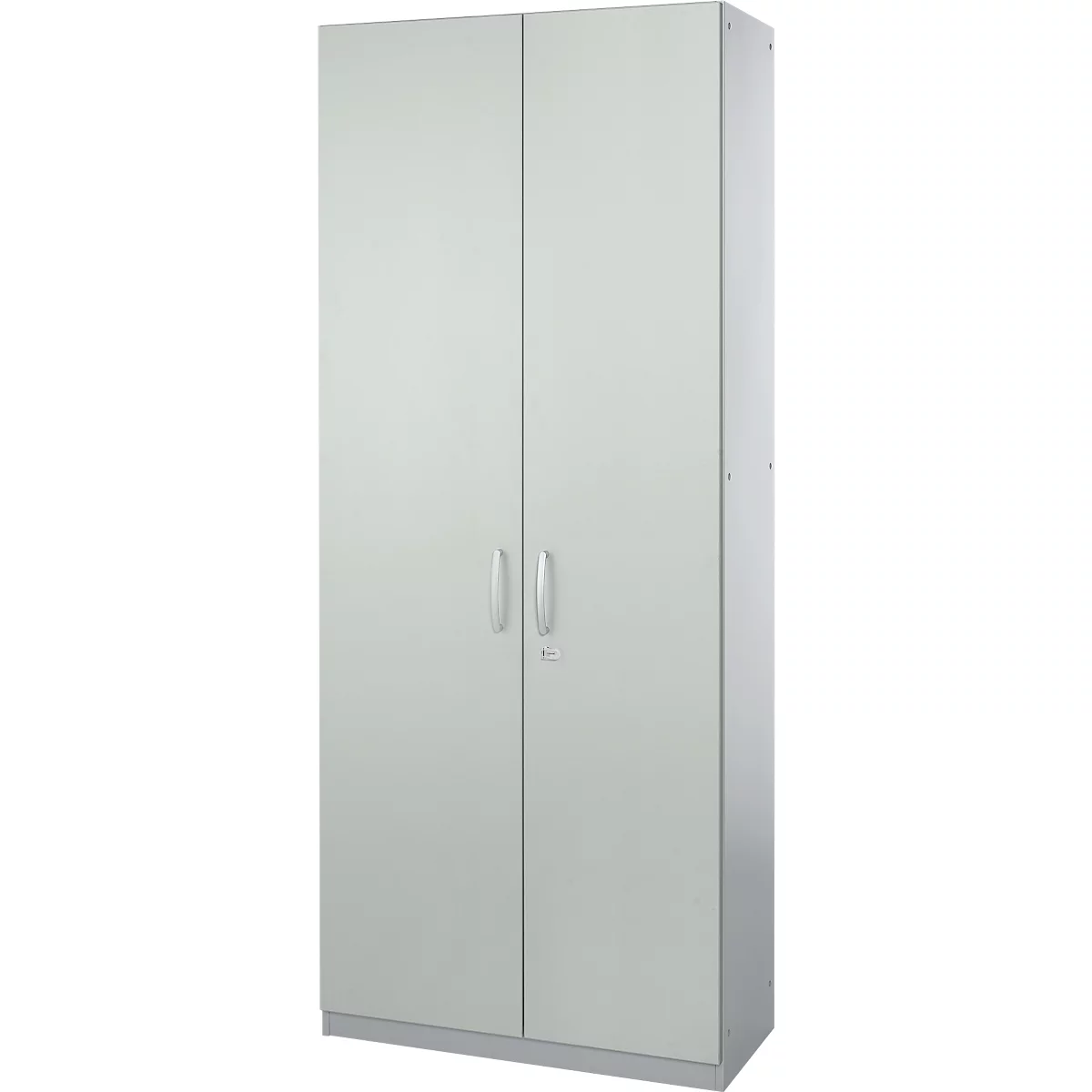 A gray cabinet with two doors, handles and a lock. Standing upright.
