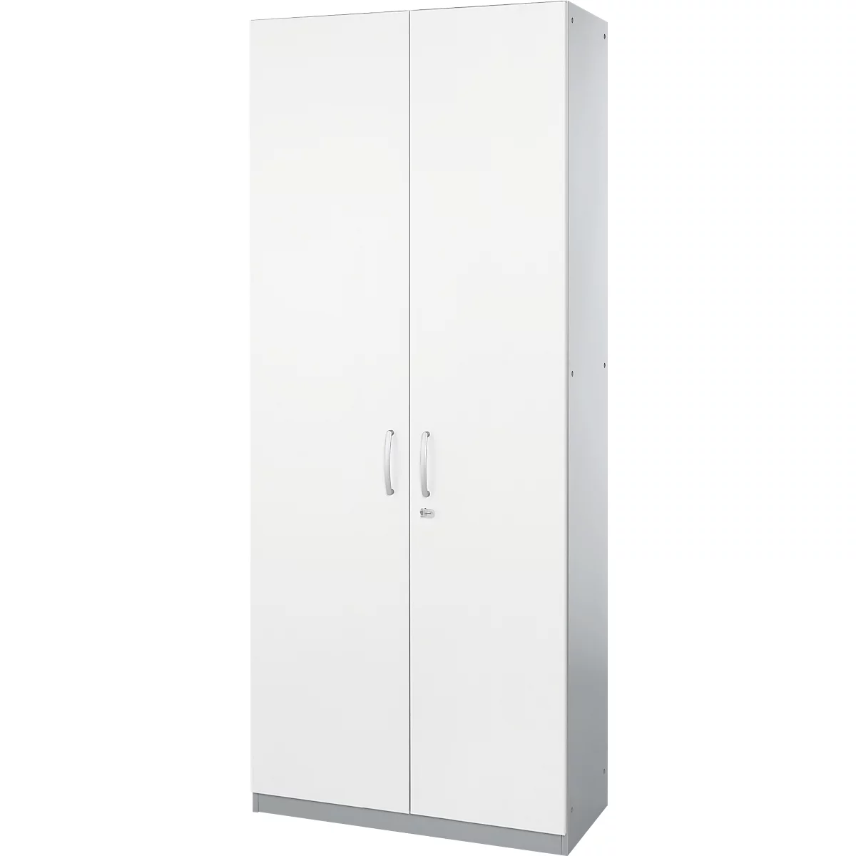 White tall cabinet with two doors. Silver handles and gray base.