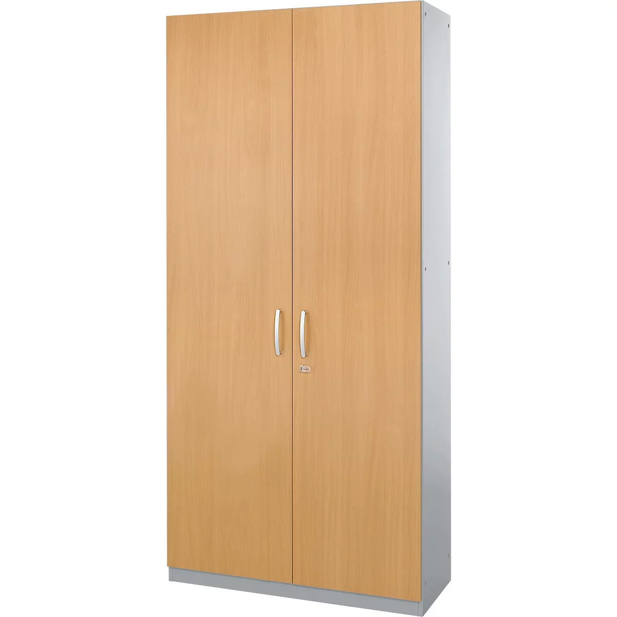 A tall cabinet with two doors made of light wood. Metal handles. Gray base and side. Placed in the middle.