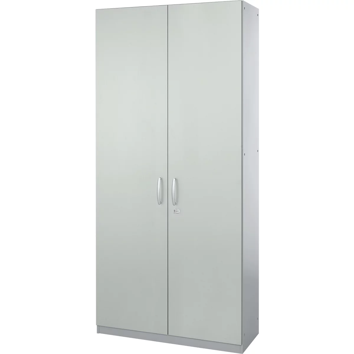 A large white closet with two doors and silver handles.