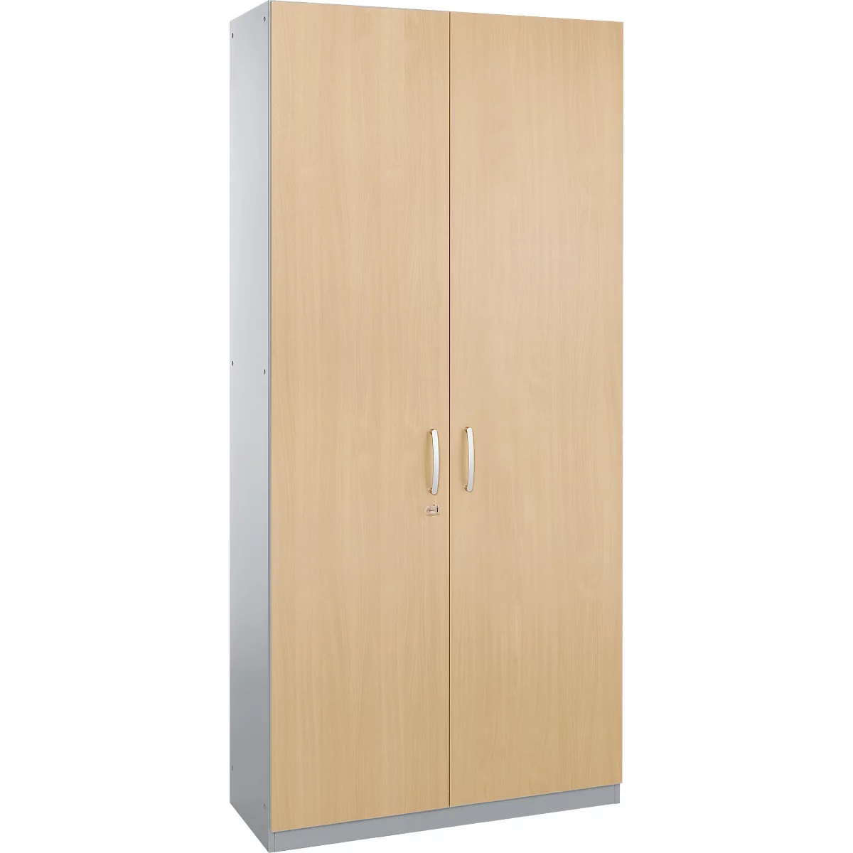 A wooden cabinet with two doors, two handles and a lock.