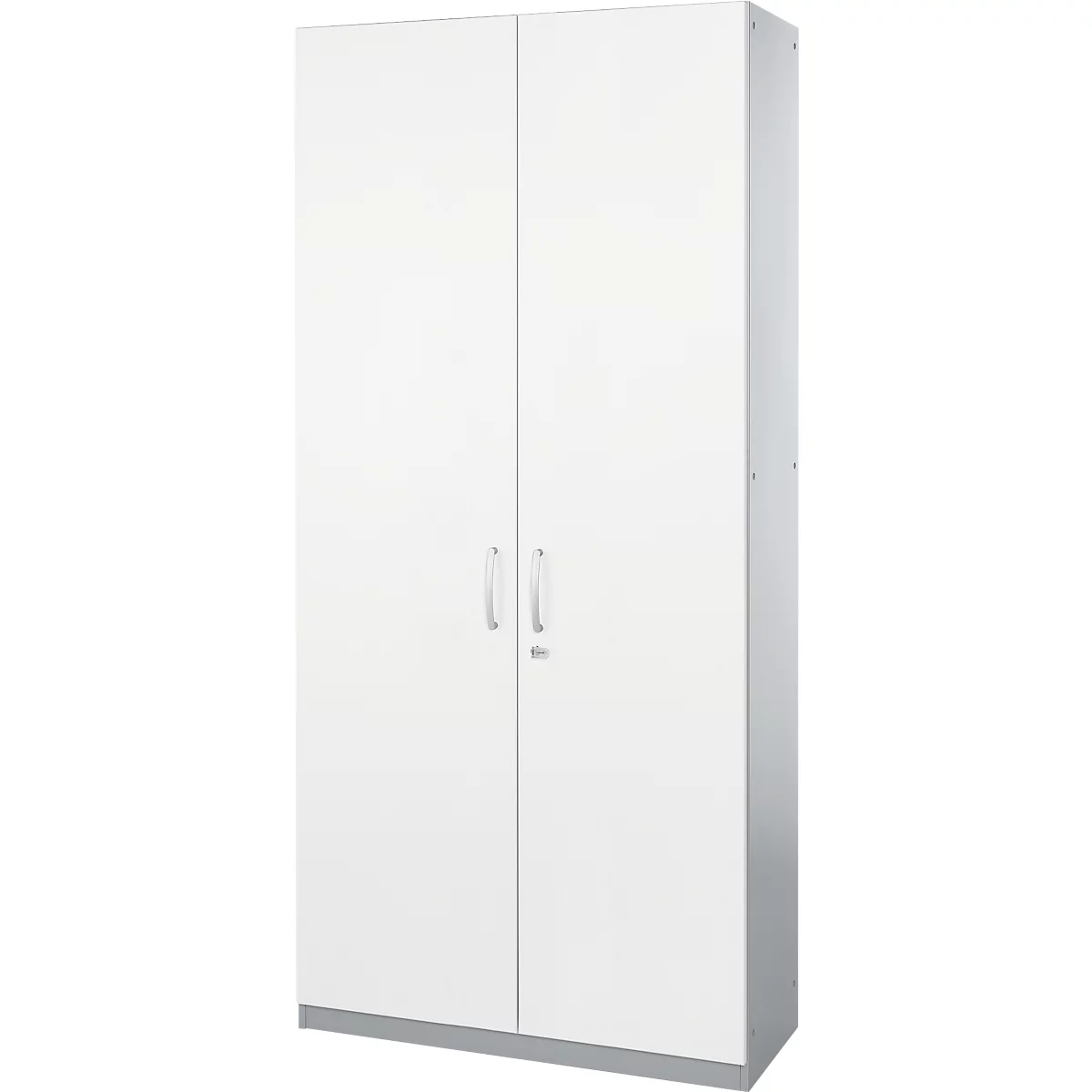 A white cabinet with two doors. The handles are simple and arranged vertically.