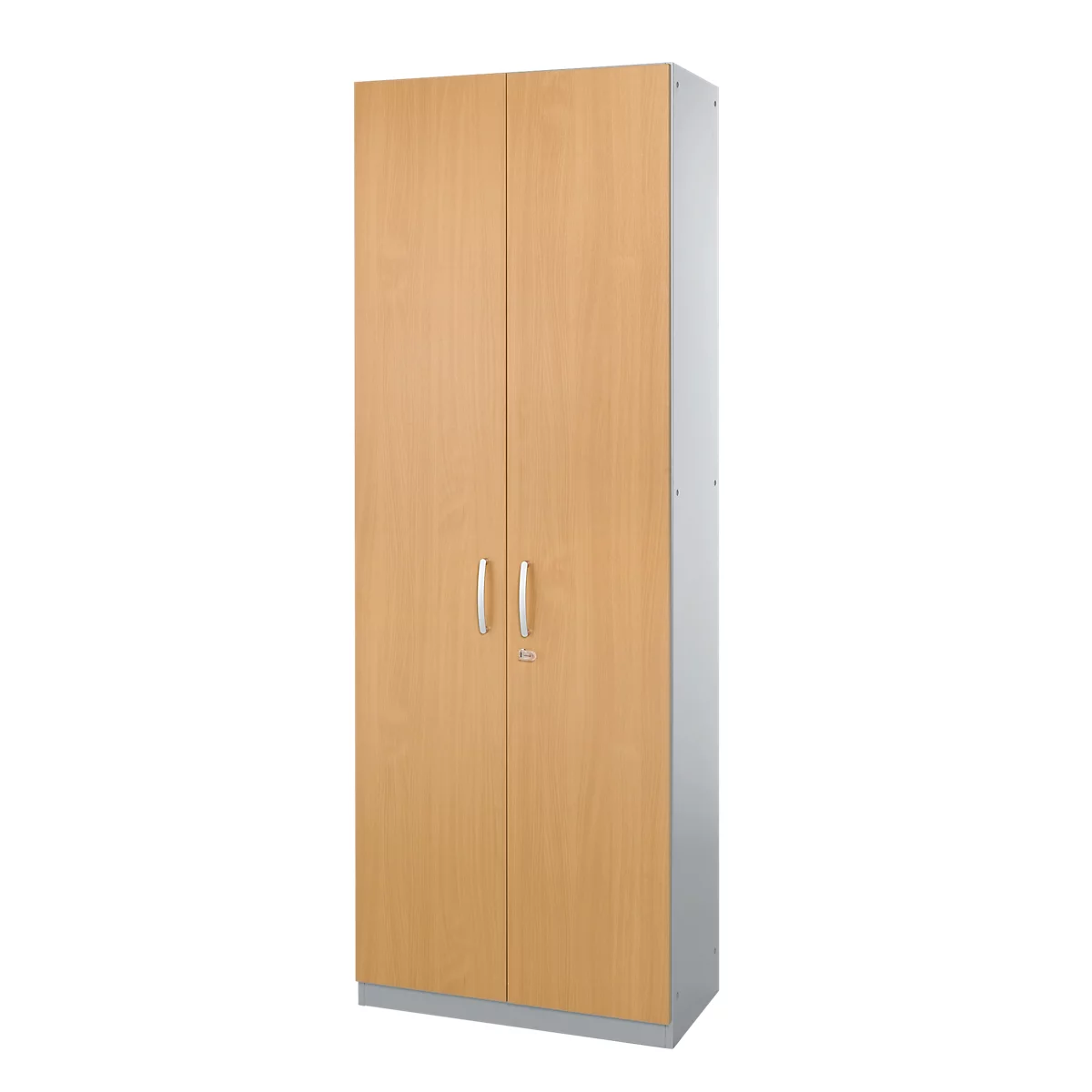 Tall wooden cabinet with two doors and silver handles.