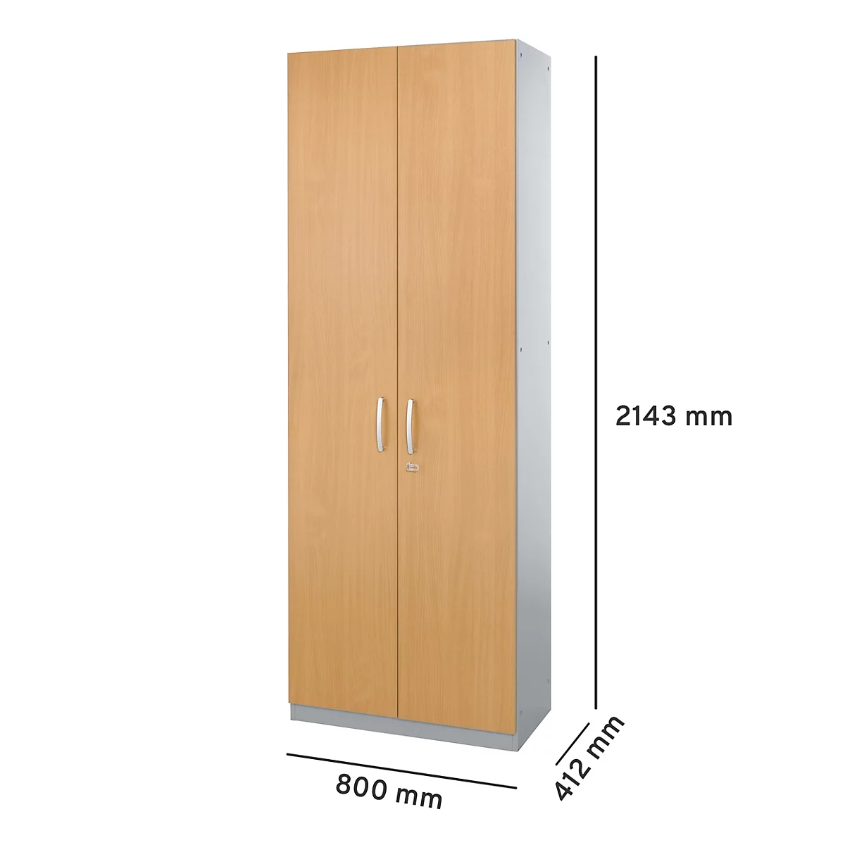 A tall cabinet made of light wood with double doors and metal handles. Dimensions: 800 x 412 x 2143 mm.
