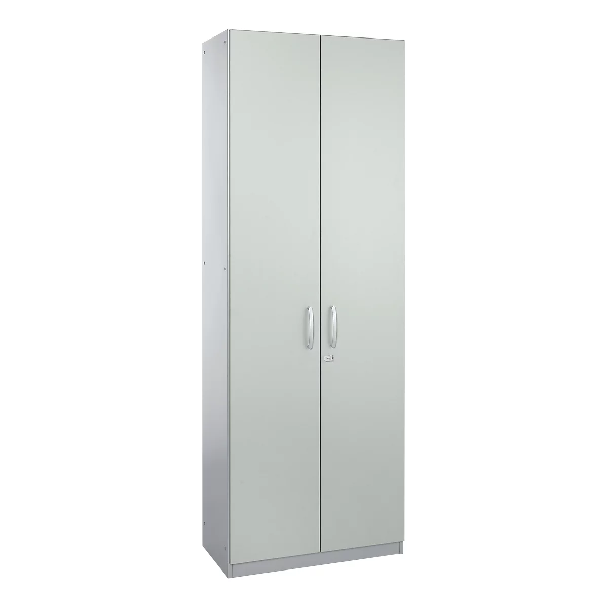 Light gray cabinet with two doors, silver handles, and a lock.