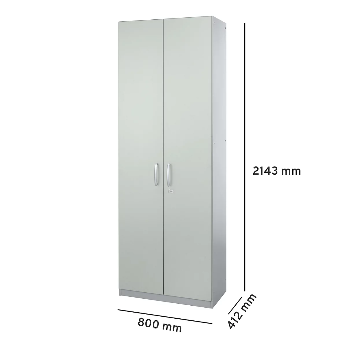 Light gray filing cabinet with two doors, silver handles and lock. Dimensions: 800 x 412 x 2143 mm.
