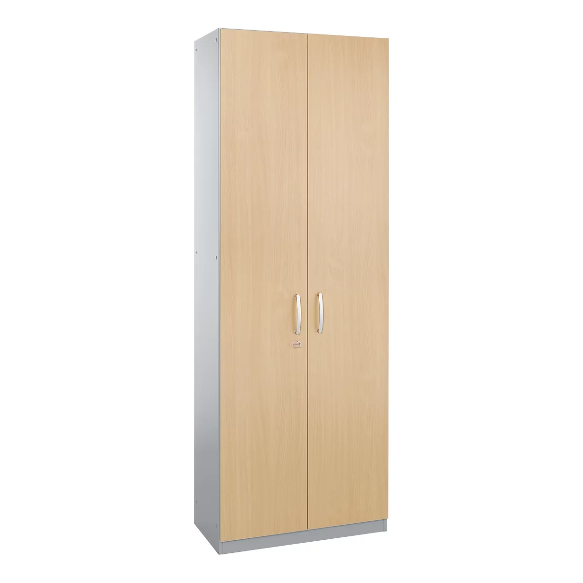 A light brown cabinet with two doors, silver sides, and two oblong handles.
