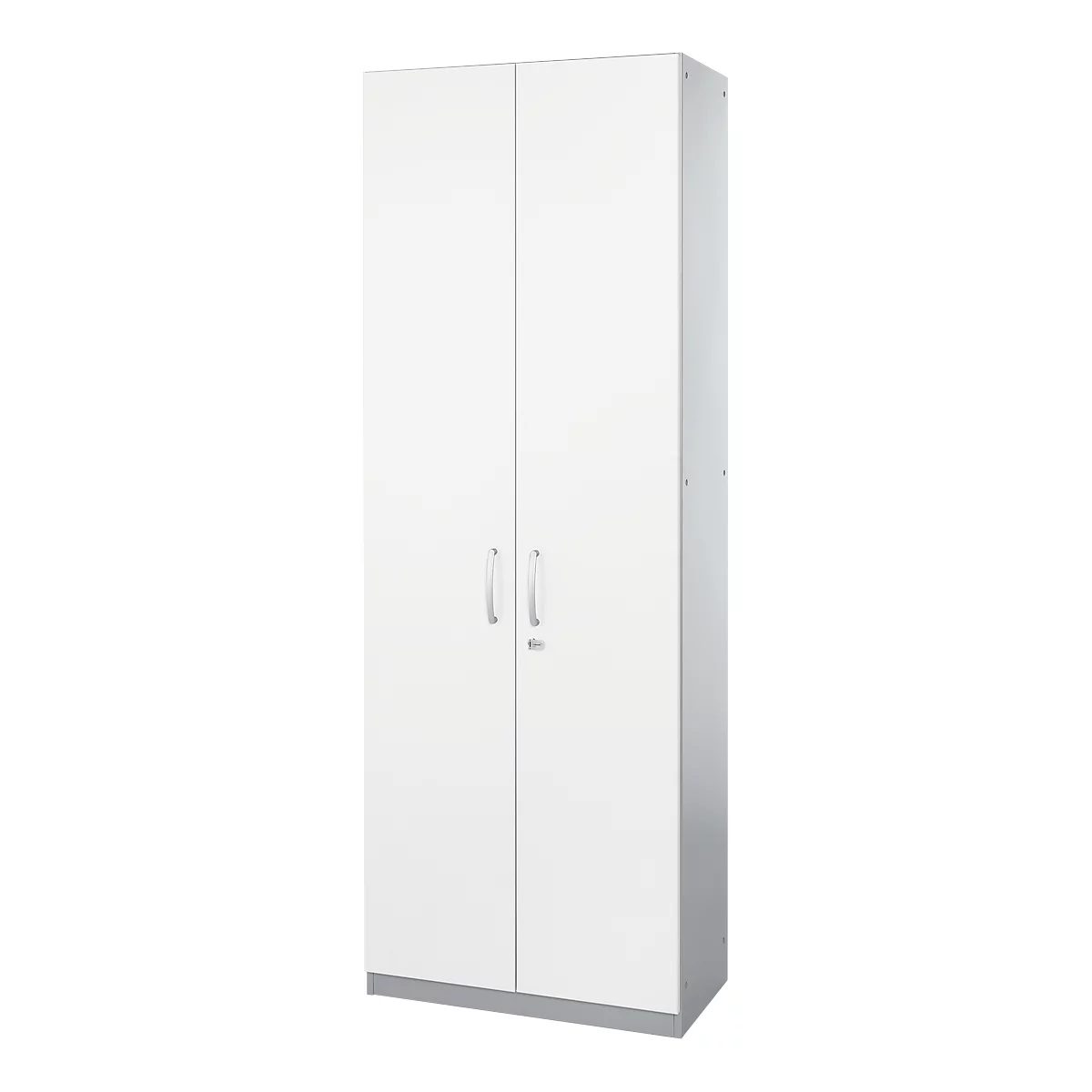 White cabinet with two doors, silver handles and a silver base. The doors are closed.