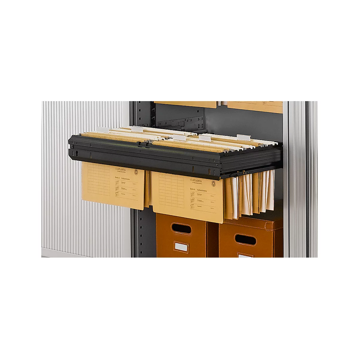 File system with hanging documents. In the background file folders in a shelf.