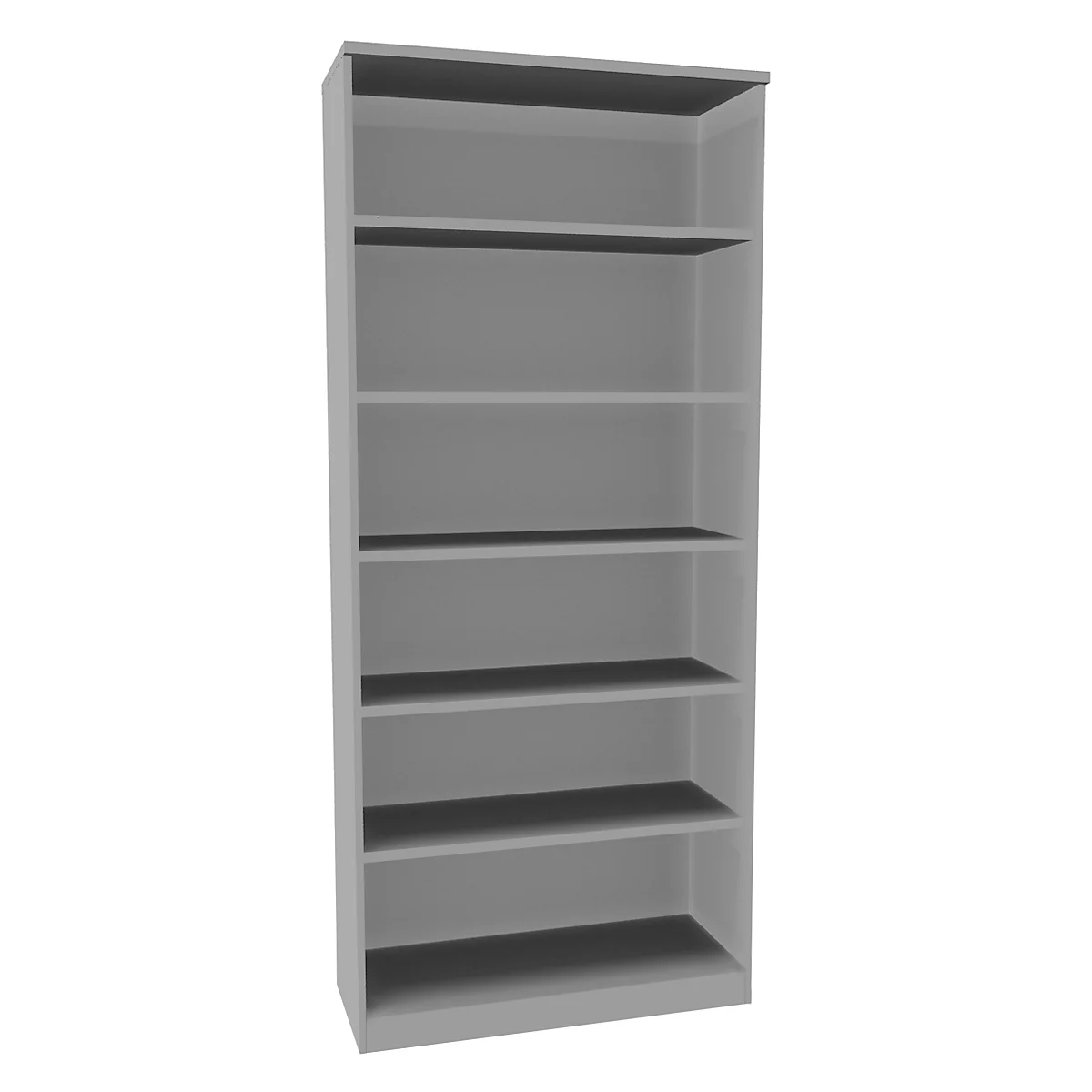 Gray bookshelf with six shelves, on a white background.