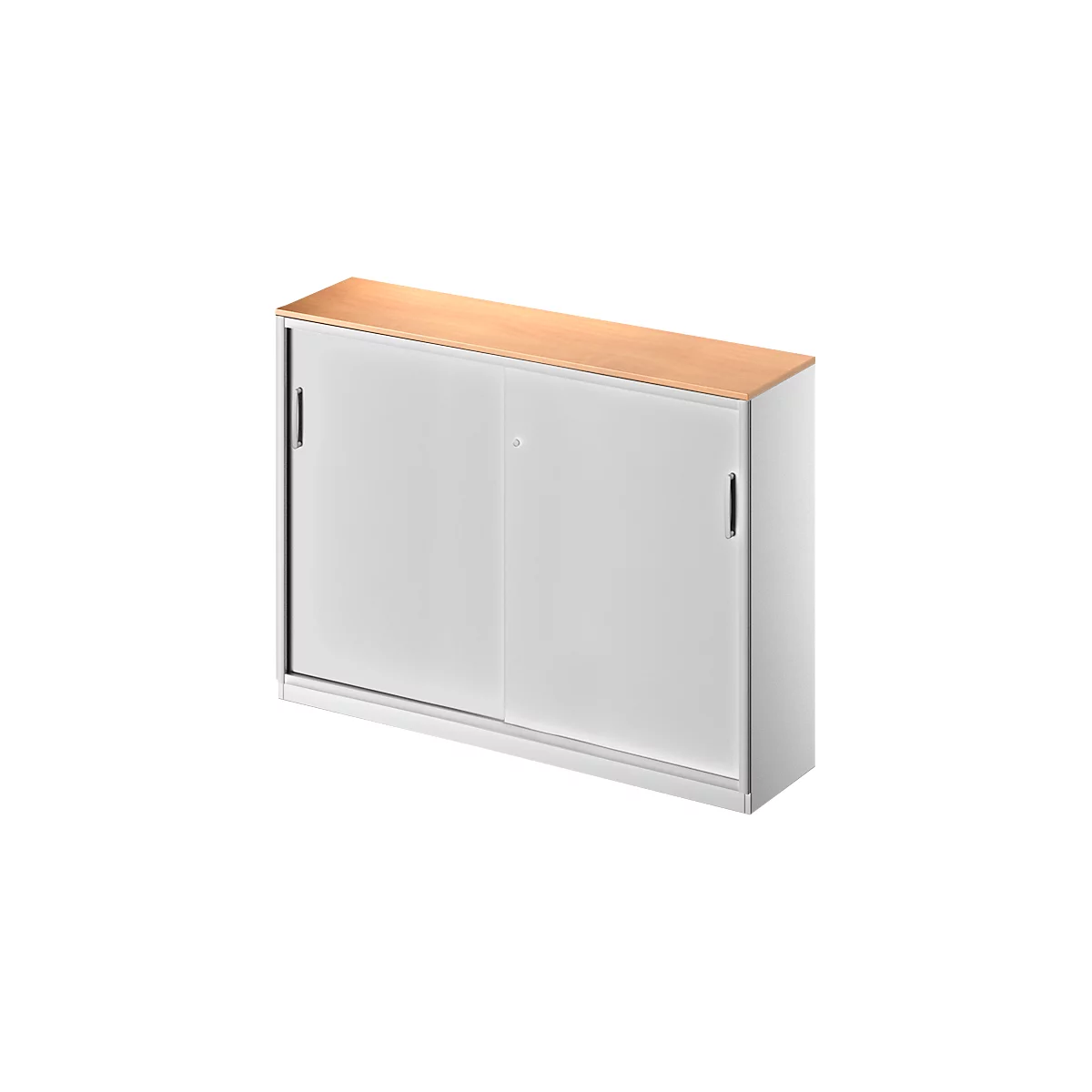 White cabinet with two sliding doors and a wooden top. Black handles. The doors are slightly open.