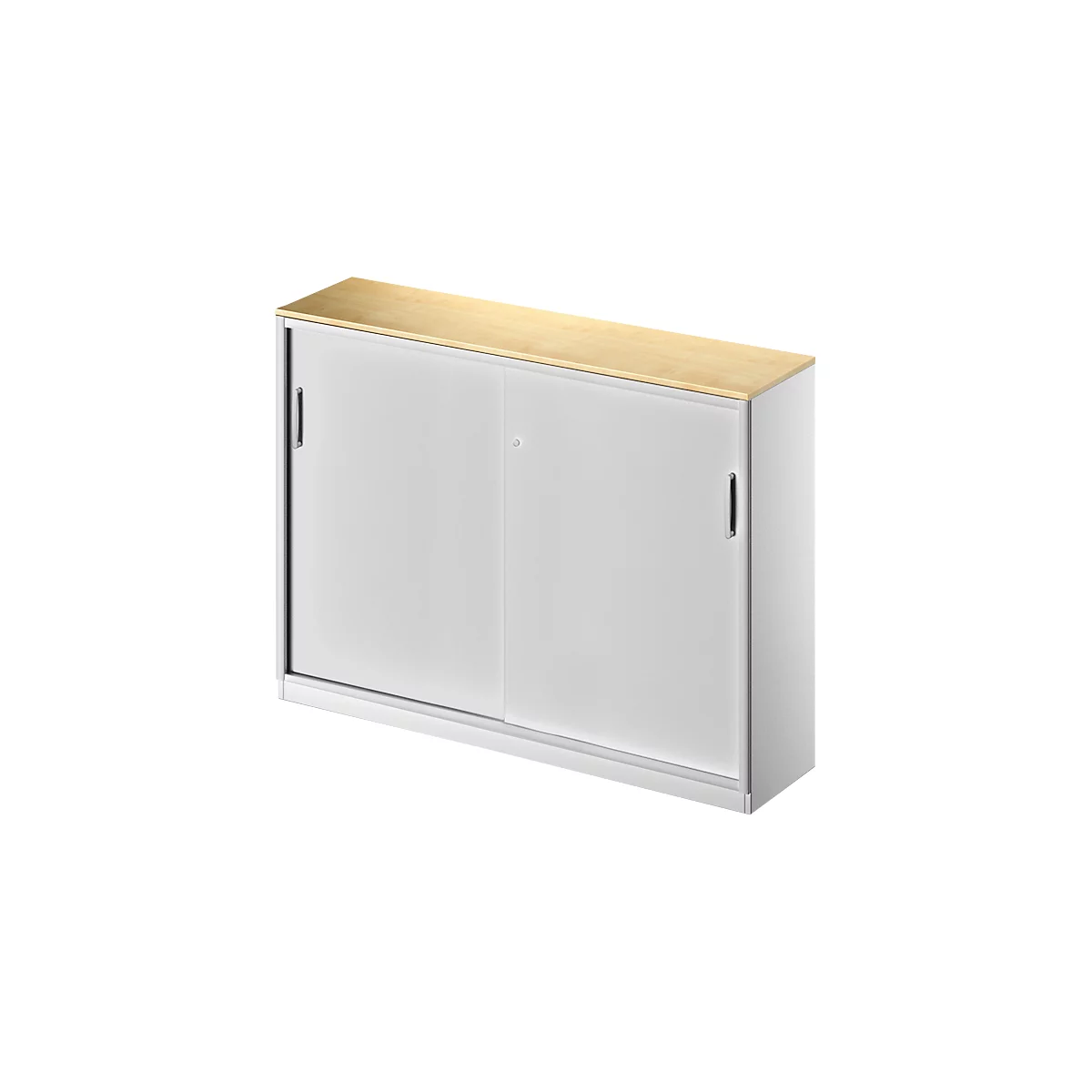 White cabinet with sliding doors and wooden top.
