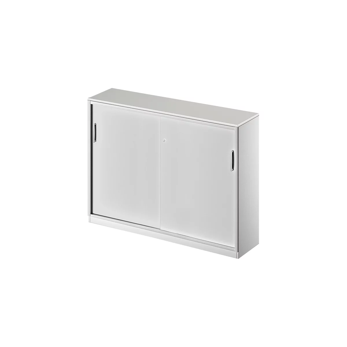 White cabinet with two sliding doors. The handles are black.