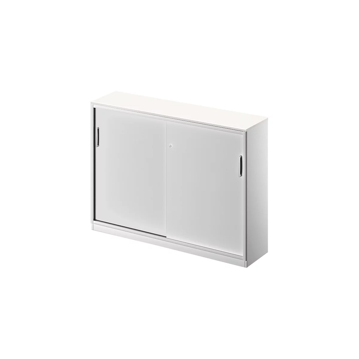 White cabinet with sliding doors and handles. The cabinet is slightly slanted in the image.