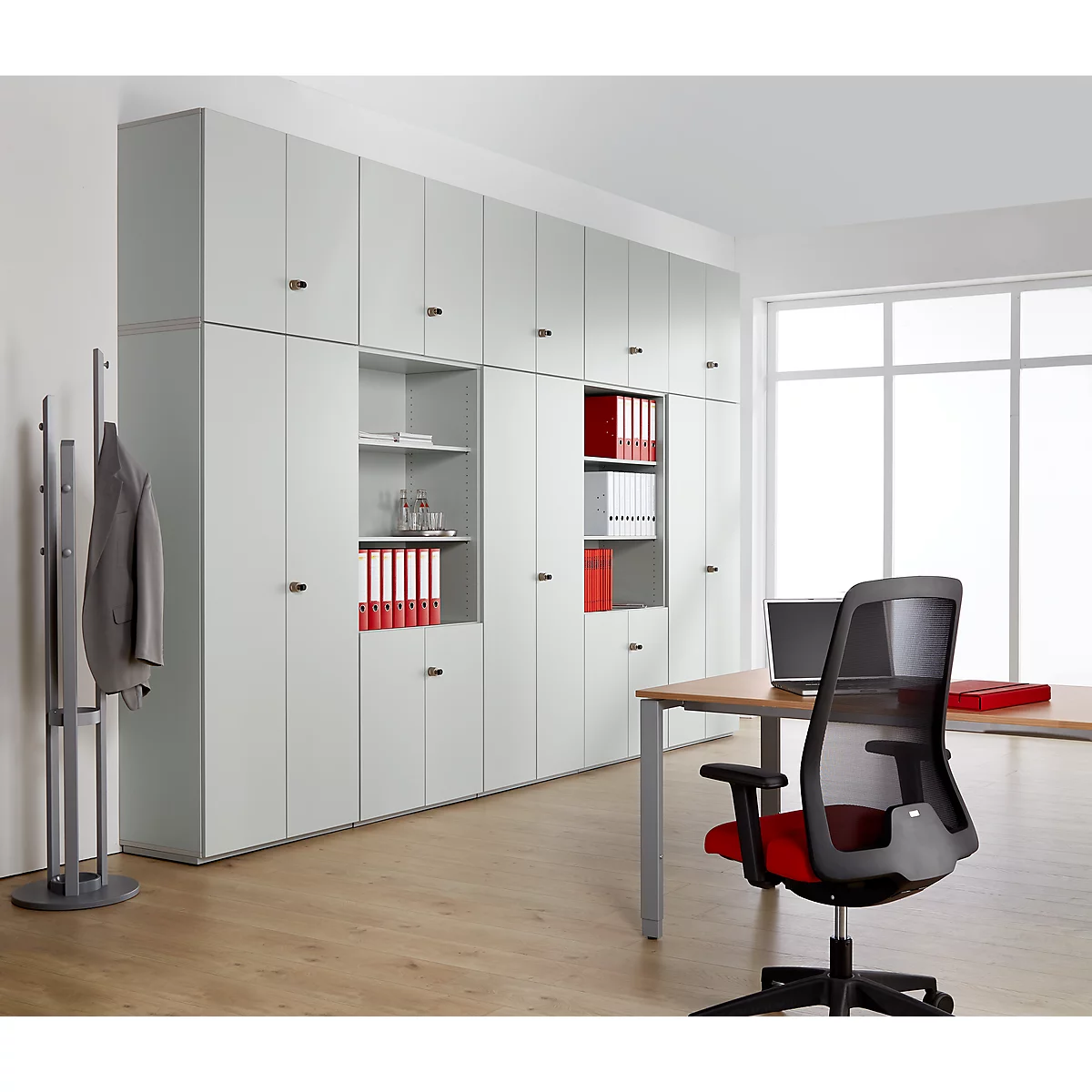 Schäfer Shop Genius TETRIS WALL combi-boekenkast, 5 OH, 3 open vakken + 2 deuren, B 800 x D 440 x H 1880 mm, lichtgrijs