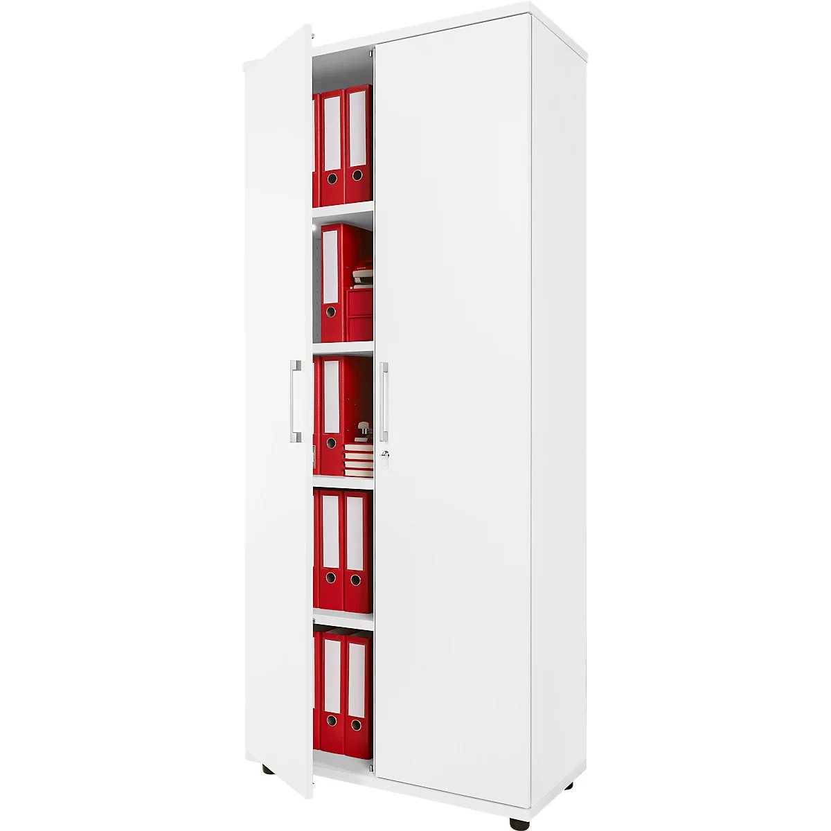 Armario blanco con puerta abierta. Carpetas rojas en los estantes.