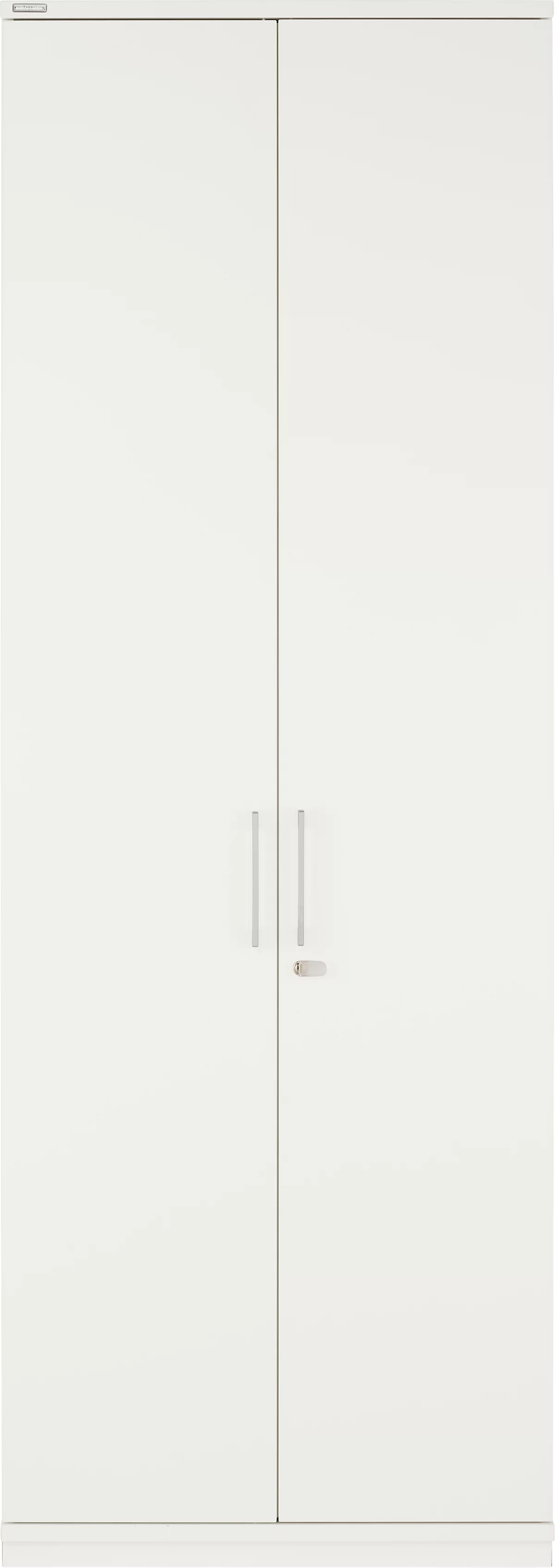 Armario blanco con dos puertas, tiradores plateados y cerradura.