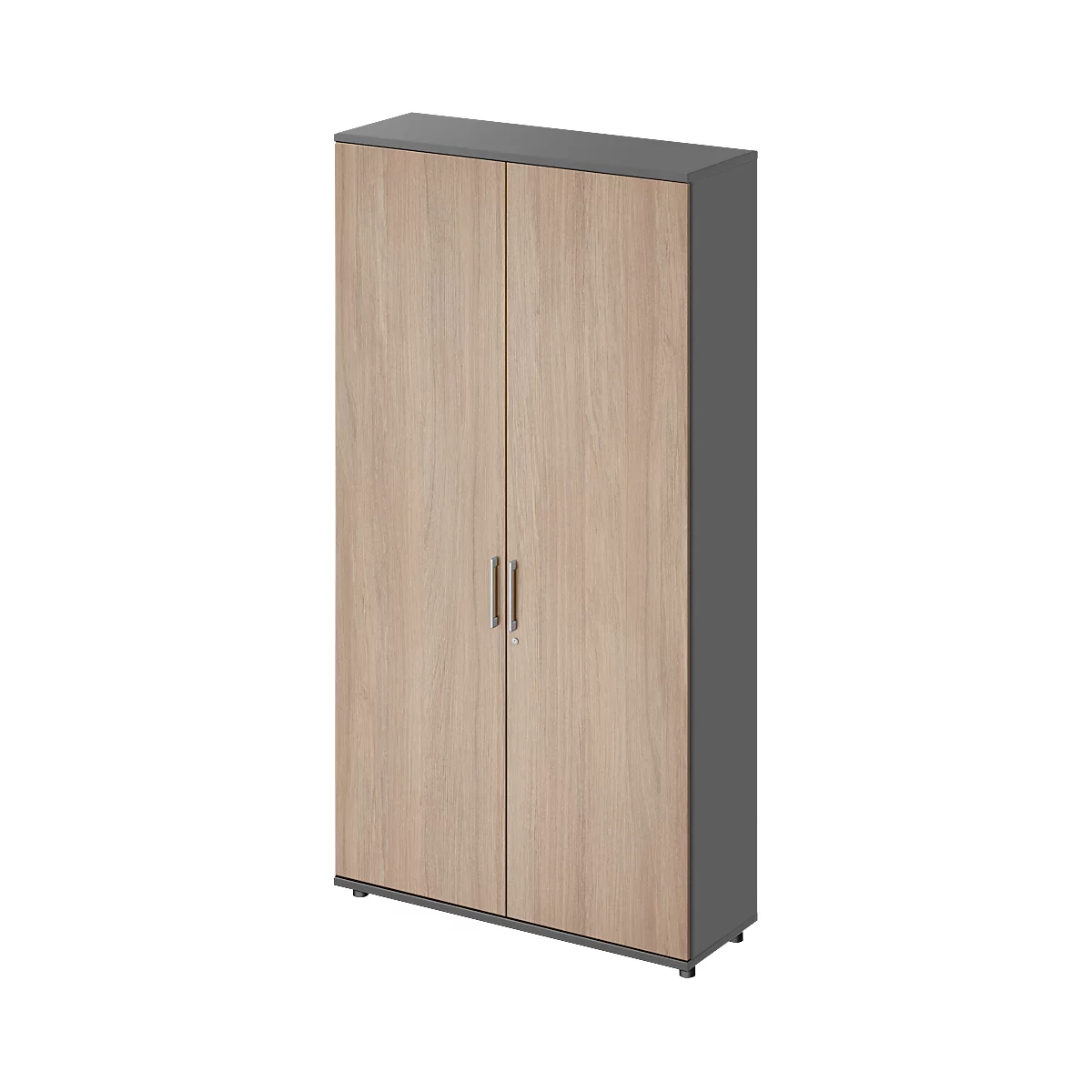 Wooden-look cabinet. Gray frame, two doors with handles. On a light background.