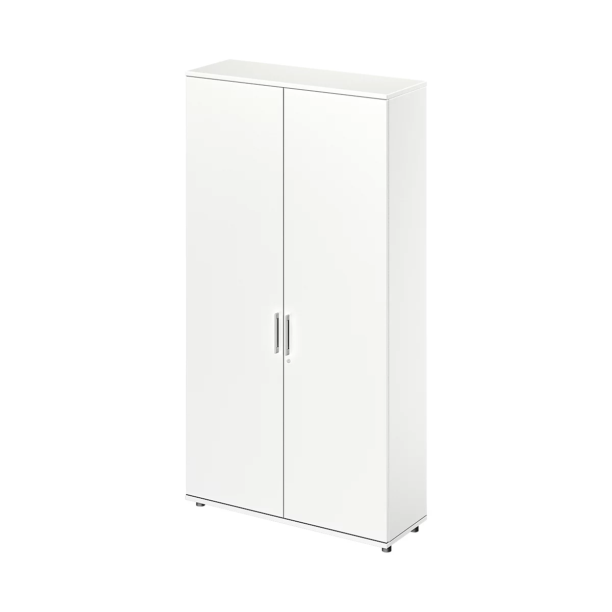 White cabinet with two doors and silver handles, on a neutral background.