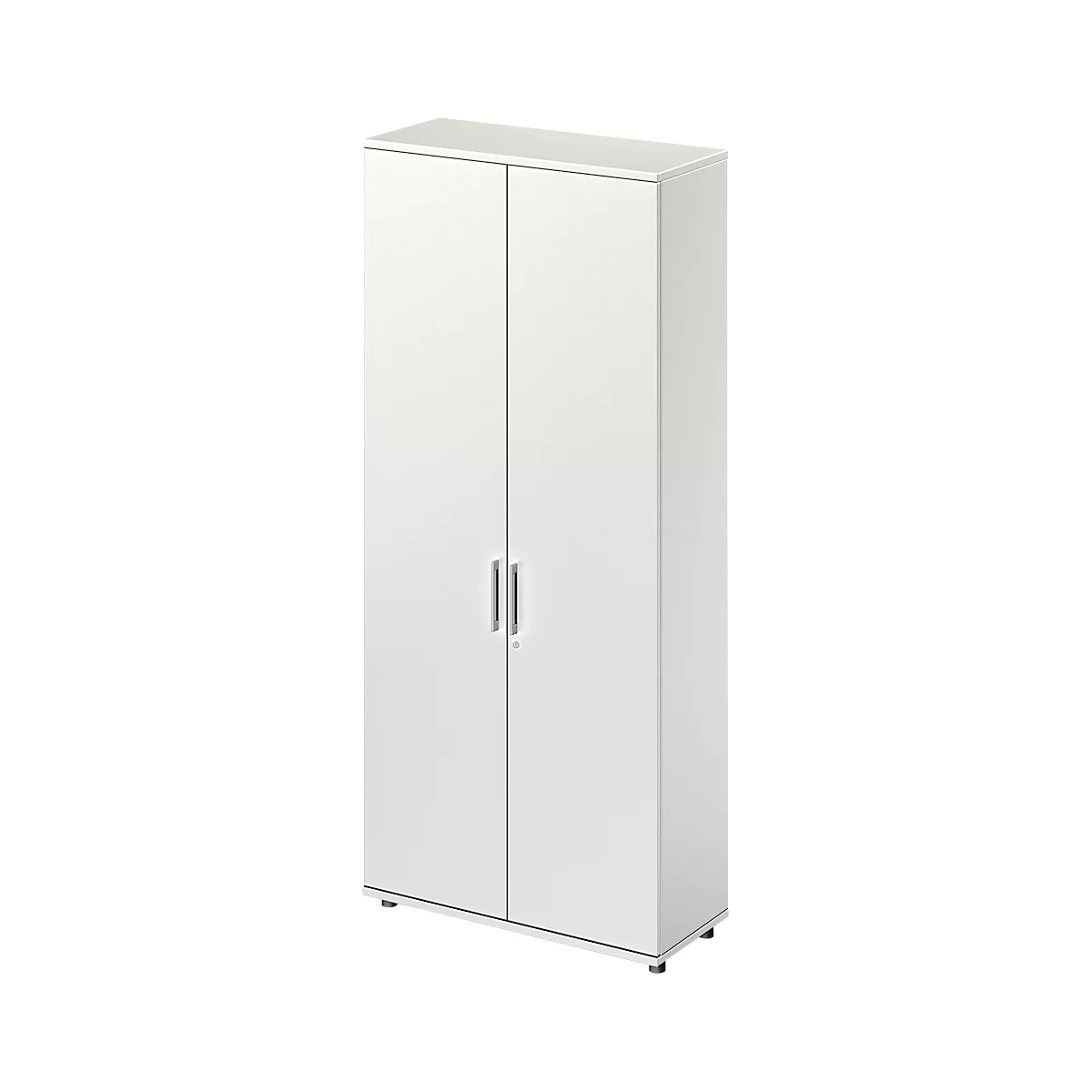 Tall white cabinet with two doors and silver handles.