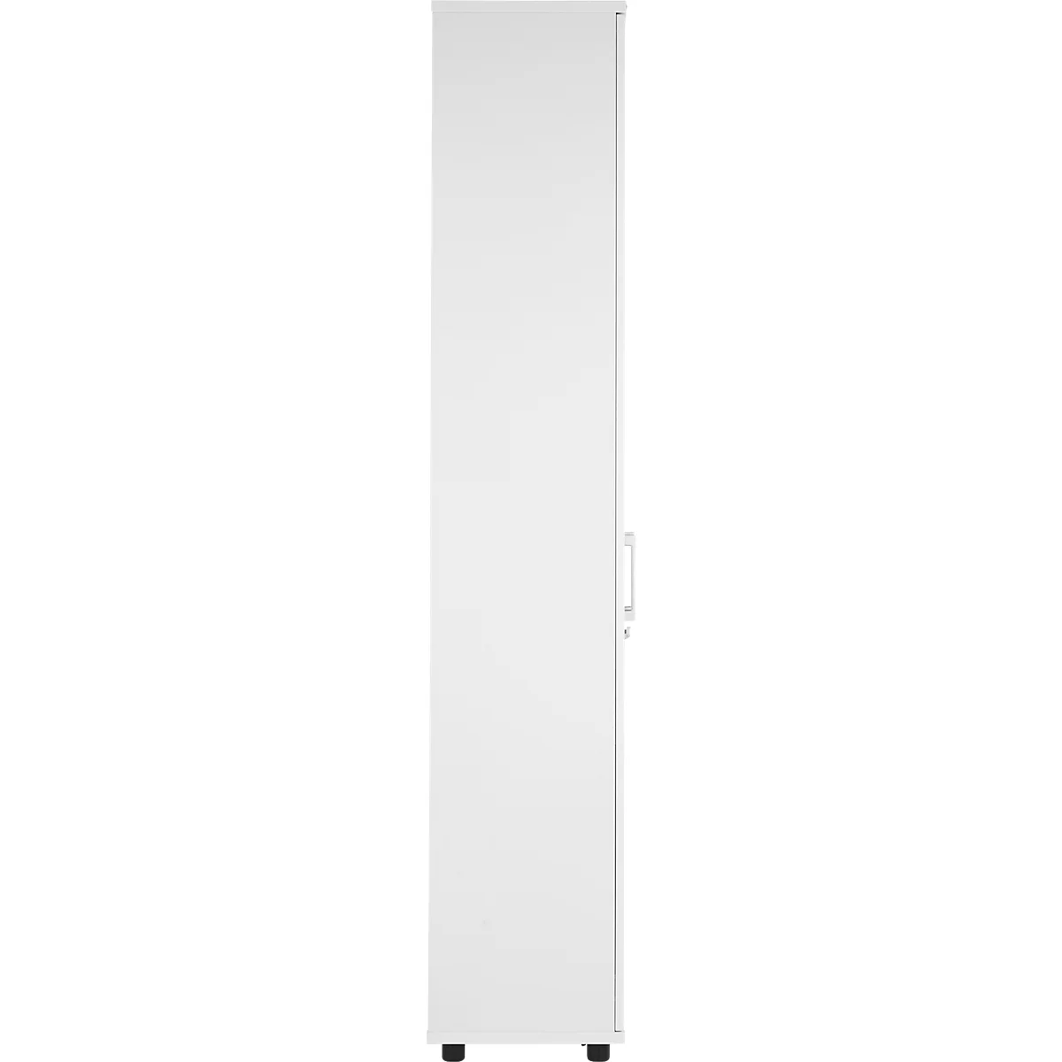 White cabinet with handle, standing. Black feet at the bottom.