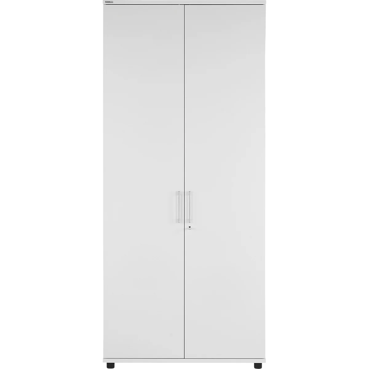 White closet with two doors, two handles and a lock.
