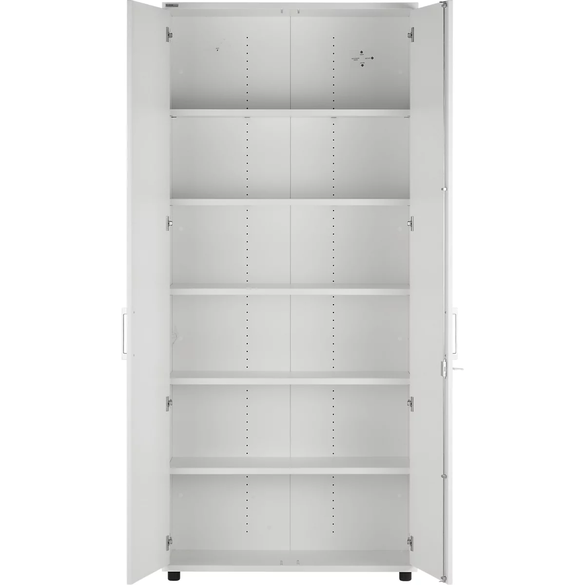 White cabinet with open doors, showing empty shelves. Rollers are attached to the cabinet bottom.