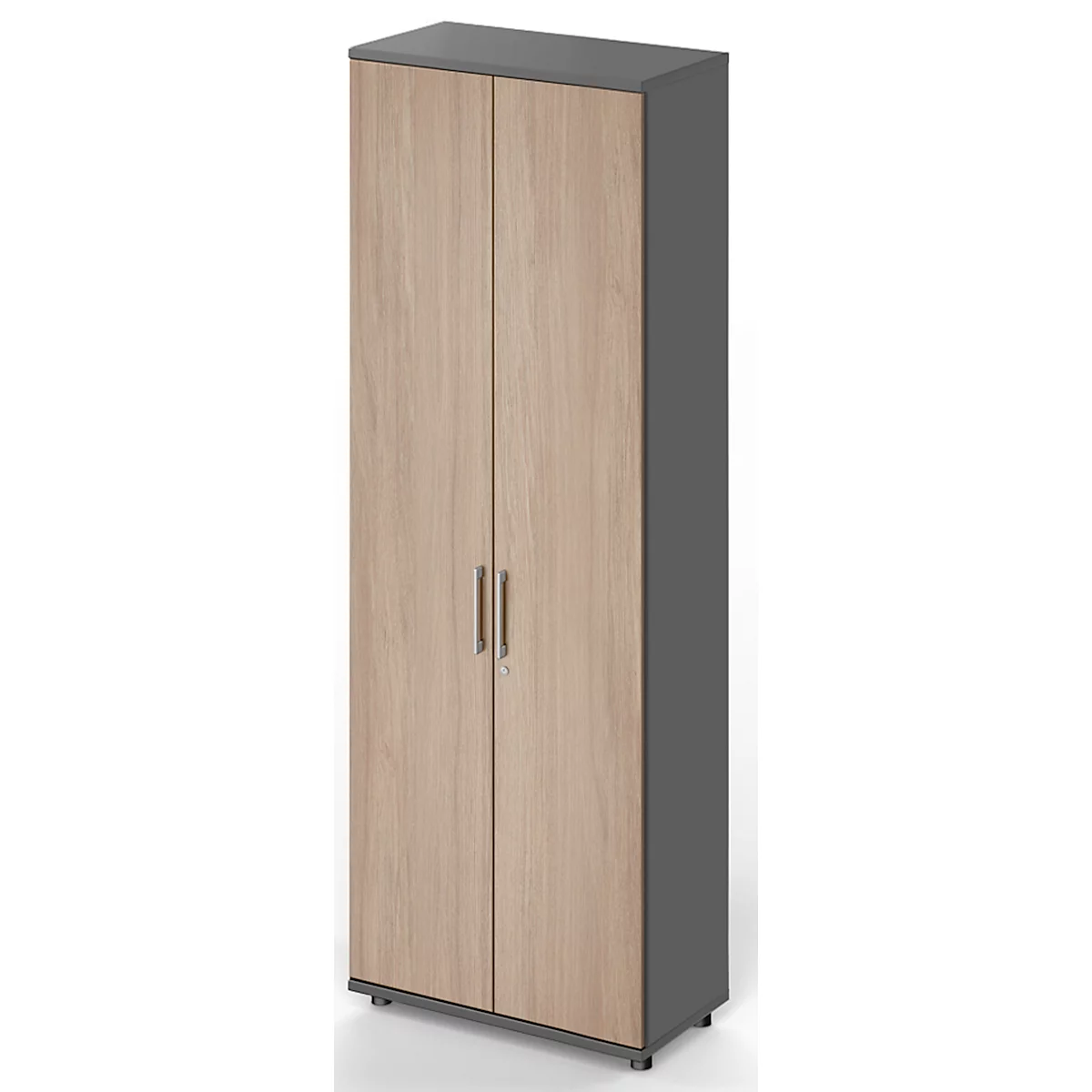 A tall cabinet with two doors. The doors are light brown, the body and top are gray. The cabinet has two silver handles.