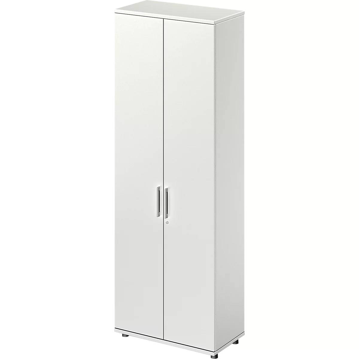 White cabinet with two doors and silver handles. It stands against a neutral background.