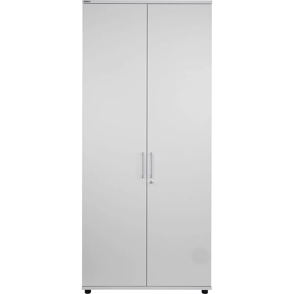 White cabinet with two doors, silver handles and a keyhole.