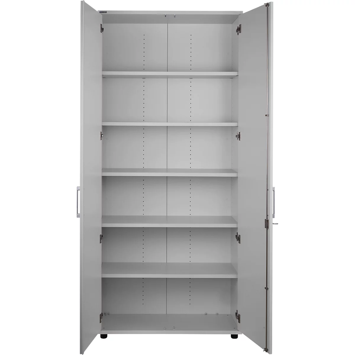 An open, empty, white cabinet with six shelves. The doors are open.