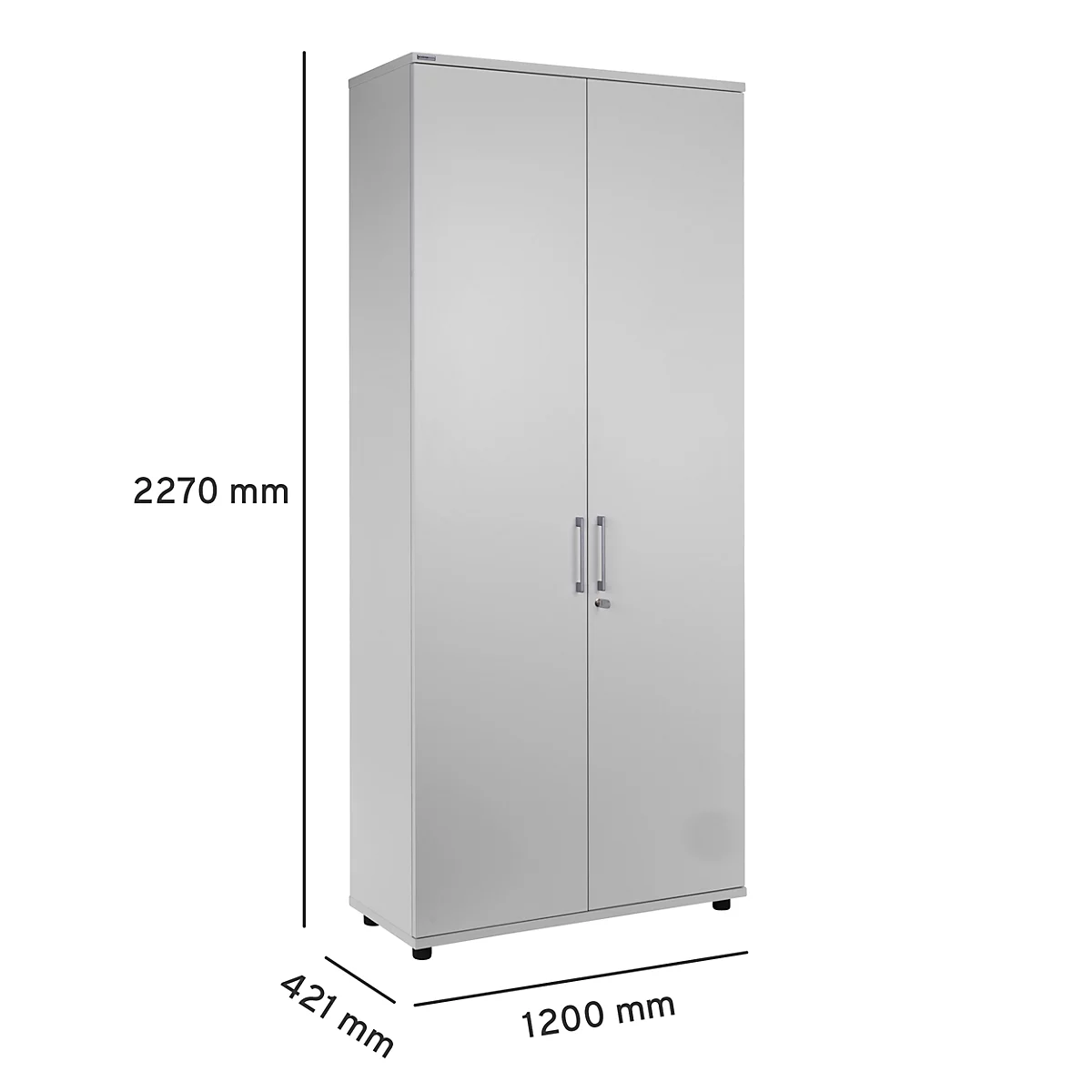 Light gray cabinet with two doors, silver handles, and size indications: 2270 mm high, 1200 mm wide, 421 mm deep.