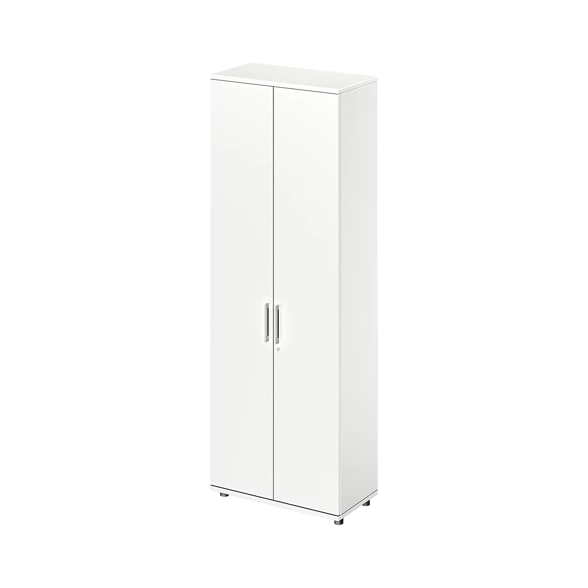 White cabinet with two doors and silver handles. Minimalist design, against a neutral background.