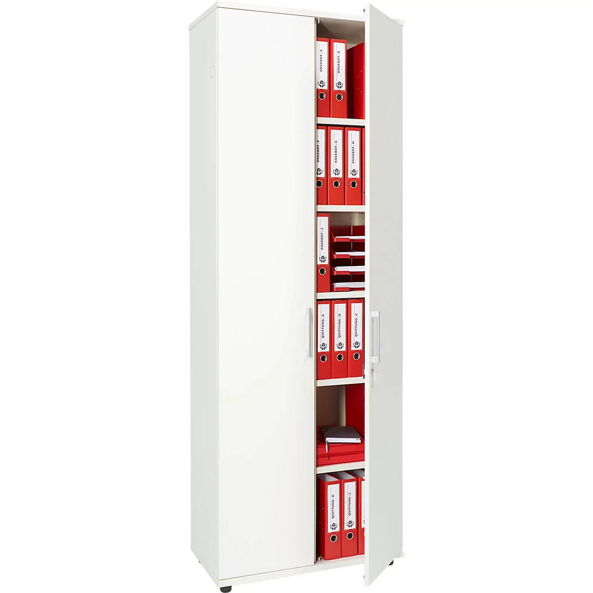 White filing cabinet with open door, filled with red folders.