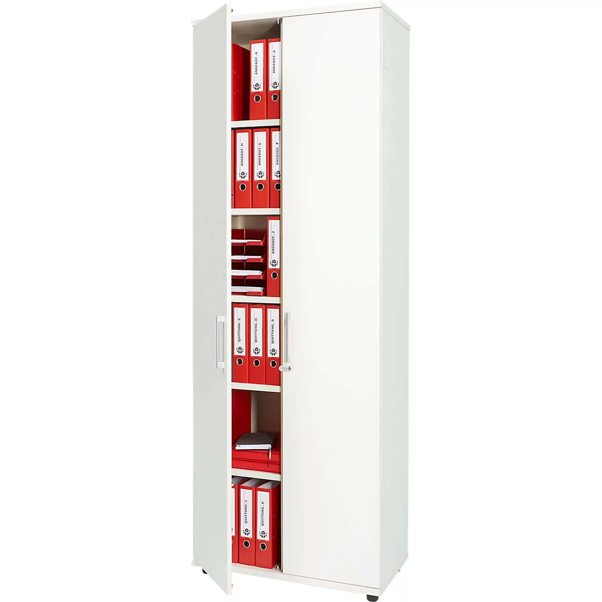 White file cabinet with red interior, opened with folders. One door is open.
