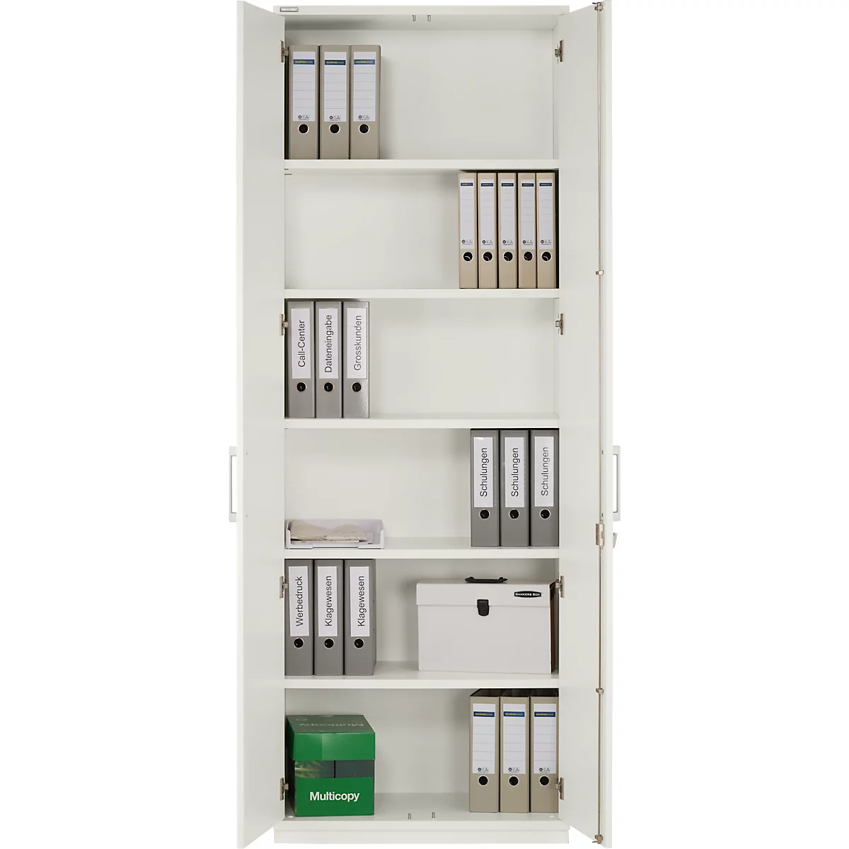 White filing cabinet, open, filled with multiple folders and a box. The labels of the folders are clearly visible.