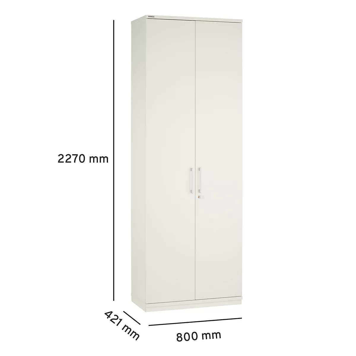 White cabinet with two doors, height 2270 mm, width 800 mm, depth 421 mm.
