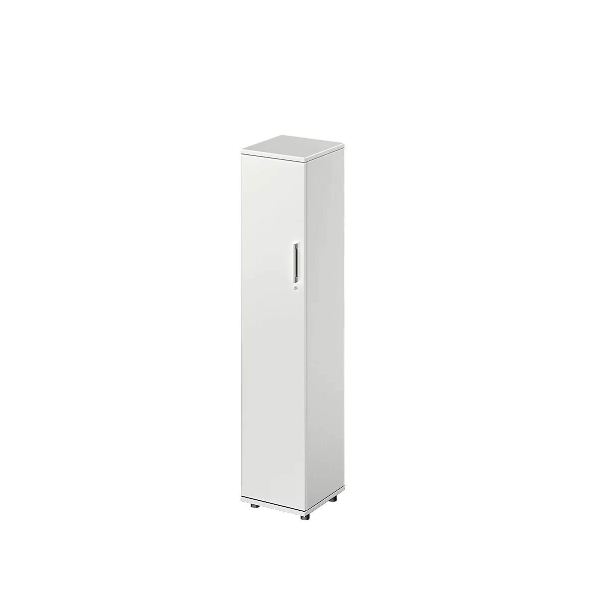 Tall white cabinet with a door and a slim handle. The cabinet stands on small, silver feet.