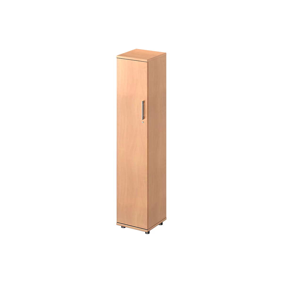Tall wooden cabinet in light wood with handle and door.