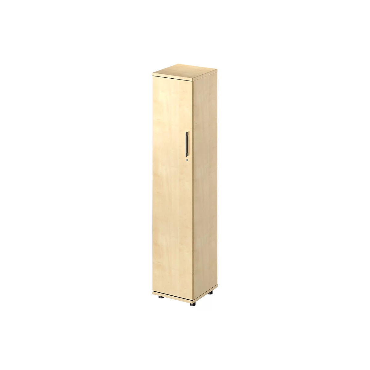 Tall wooden cabinet with one door, a handle and black feet. The cabinet stands in front of a white background.